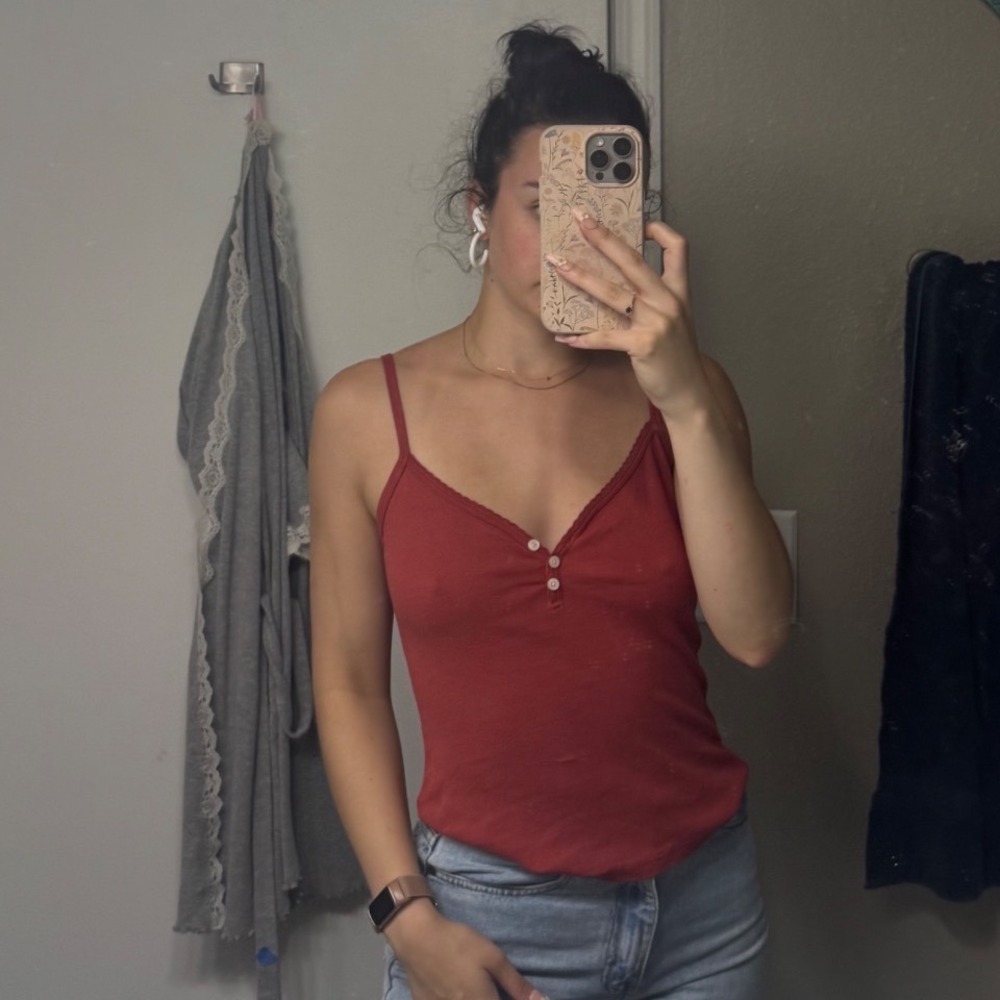 Brandy Melville Red Henley Lace Trim Cami Tank Top One Size Cotton